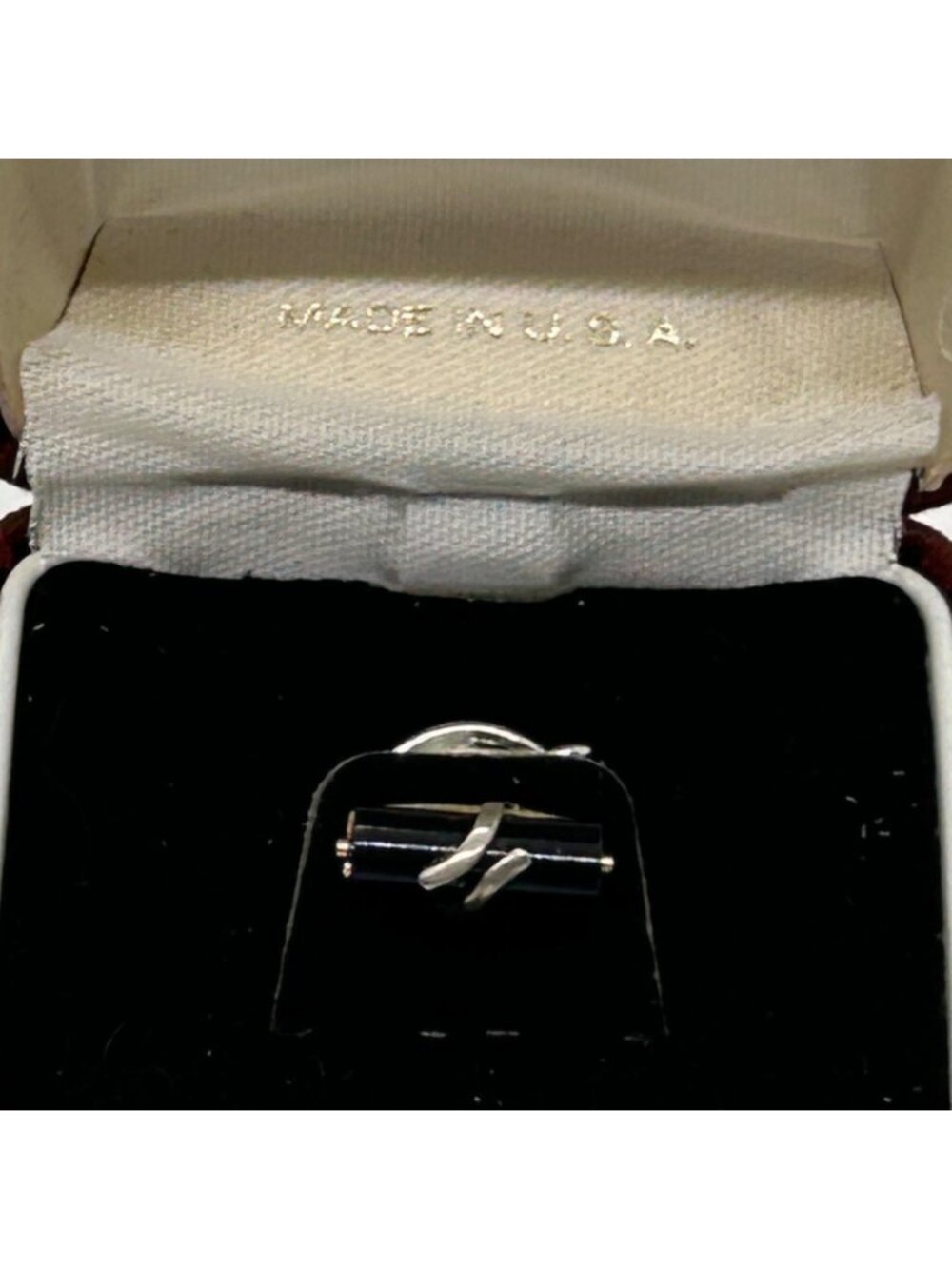 Vintage Anson Black Acrylic Abstract Wrap Mens Tie Tack Chain Original Box READ - Picture 4 of 8